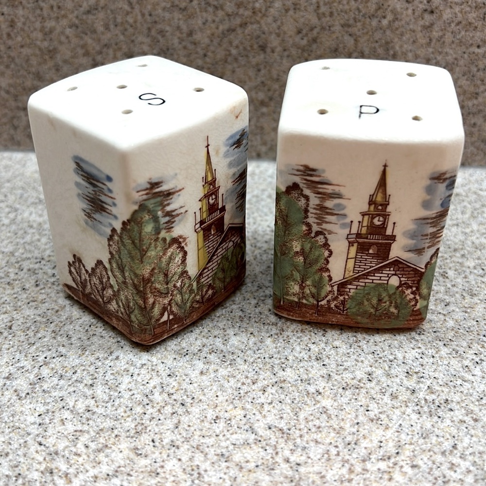 Antique Salt and Pepper Shakers Rectangular w/painted Trees and Church Scenery
